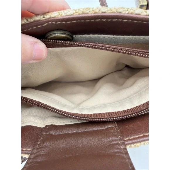 Rosetti straw tote handbag with brown faux leather trim and top handles. - Picture 13 of 16